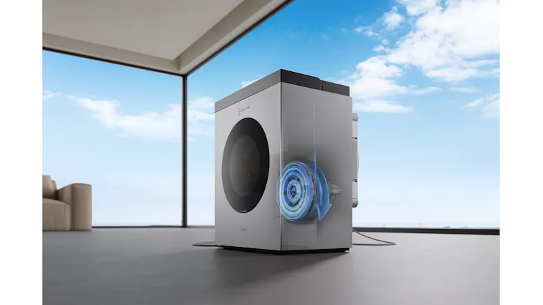 Studio shot highlighting a base station unit with internal water vortex graphics Studio shot highlighting a base station unit with internal water vortex graphics