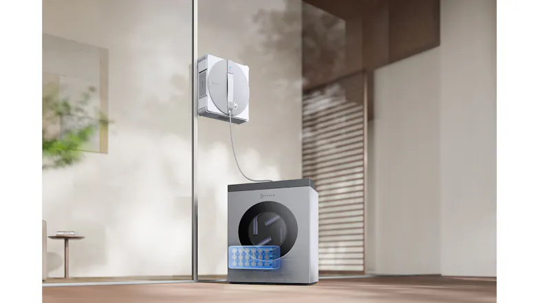 Close-up shot featuring a square window robot cleaning indoor glass Close-up shot featuring a square window robot cleaning indoor glass