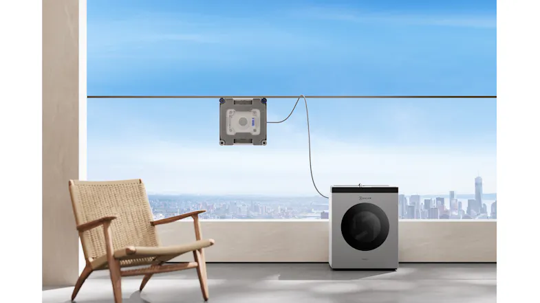 Modern living room showcasing a base station operating near a glass window Modern living room showcasing a base station operating near a glass window