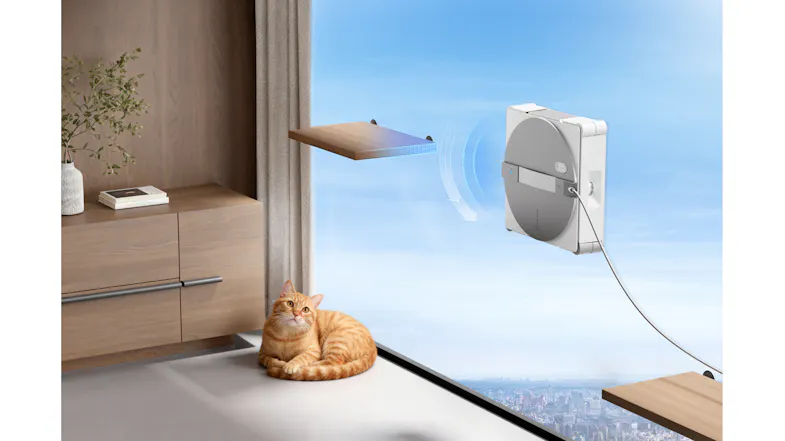 Angle view highlighting a window robot mounted on an outdoor glass pane Angle view highlighting a window robot mounted on an outdoor glass pane