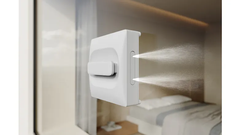 Side view showcasing powerful airflow and mist spray from a window robot Side view showcasing powerful airflow and mist spray from a window robot