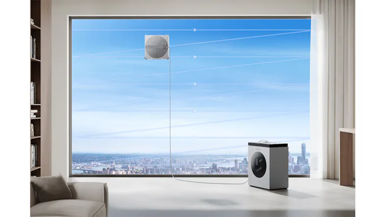 Modern home interior highlighting a window robot connected to a base station Modern home interior highlighting a window robot connected to a base station