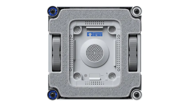 Bottom view showcasing the cleaning pads and wheels of a robot unit Bottom view showcasing the cleaning pads and wheels of a robot unit
