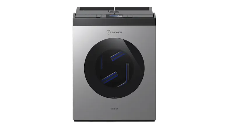 Front view highlighting a modern metallic base station with Ecovacs logo Front view highlighting a modern metallic base station with Ecovacs logo