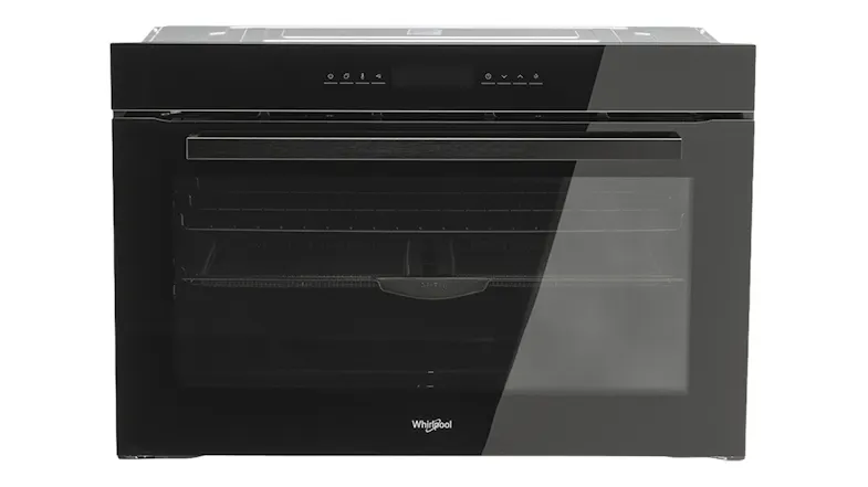 Whirlpool 90cm built-in oven in black with a large glass door and touch controls, shown from the front Whirlpool 90cm built-in oven in black with a large glass door and touch controls, shown from the front