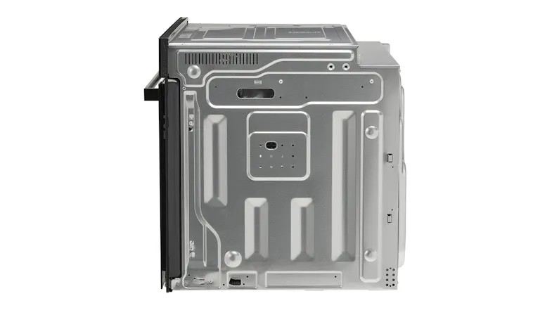 Side view of the Whirlpool 90cm built-in oven, highlighting the appliance housing and installation structure Side view of the Whirlpool 90cm built-in oven, highlighting the appliance housing and installation structure