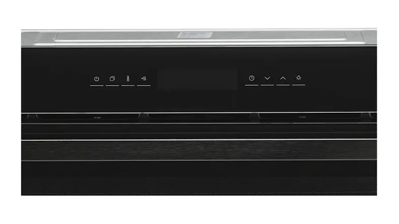 Close-up of the Whirlpool oven control panel featuring touch controls and a minimalist black glass finish Close-up of the Whirlpool oven control panel featuring touch controls and a minimalist black glass finish