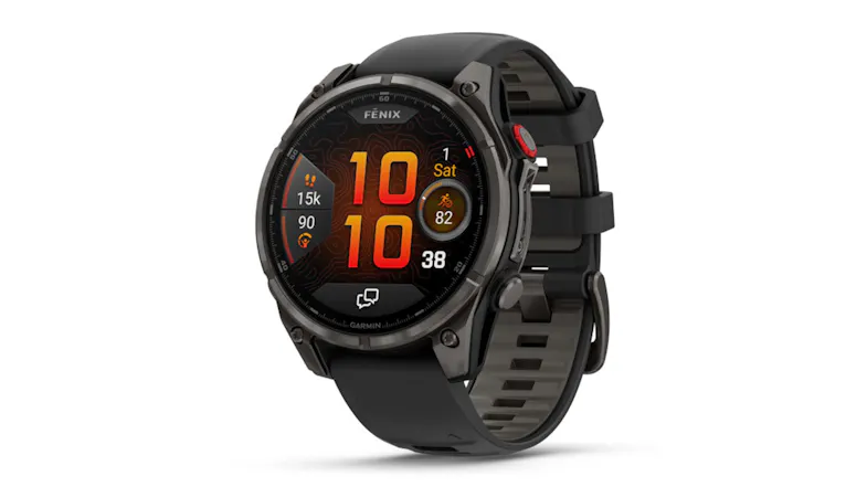 Angled view of the Garmin smartwatch featuring orange digital time display Angled view of the Garmin smartwatch featuring orange digital time display