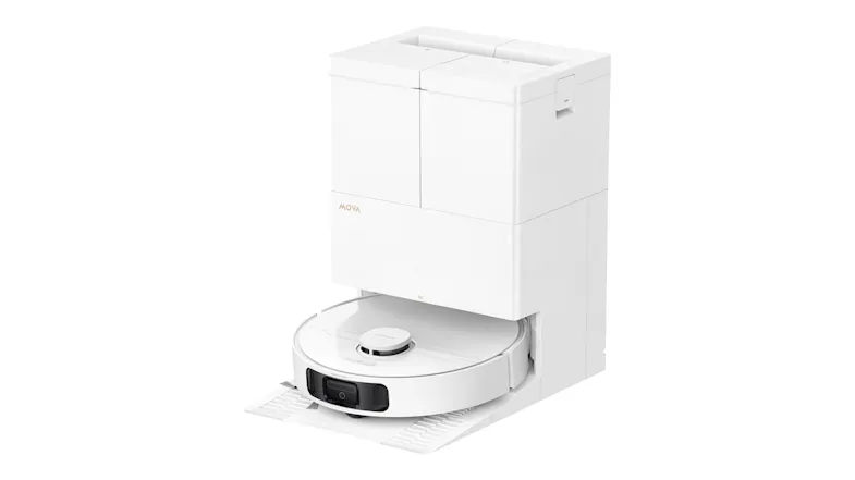 Front angle view of the white Mova E50 Ultra Robotic Vacuum Cleaner & Mop with an auto dust-emptying, mop-washing, and drying docking station Front angle view of the white Mova E50 Ultra Robotic Vacuum Cleaner & Mop with an auto dust-emptying, mop-washing, and drying docking station