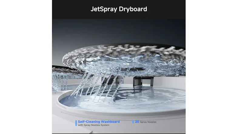 Close-up of a robot vacuum mop pad being rinsed by spray nozzles on a self-cleaning washboard Close-up of a robot vacuum mop pad being rinsed by spray nozzles on a self-cleaning washboard