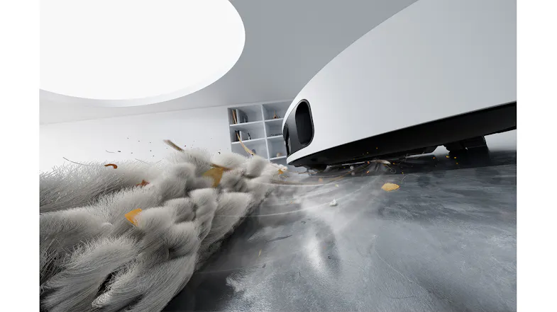 Robot vacuum removing pet hair, dust, and debris from hard floors with powerful suction Robot vacuum removing pet hair, dust, and debris from hard floors with powerful suction