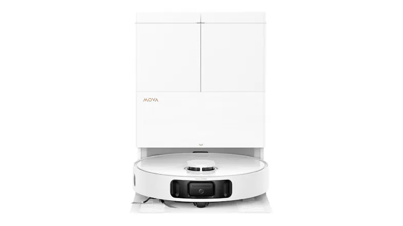 Front view of a white robot vacuum parked in a compact self-emptying docking station Front view of a white robot vacuum parked in a compact self-emptying docking station