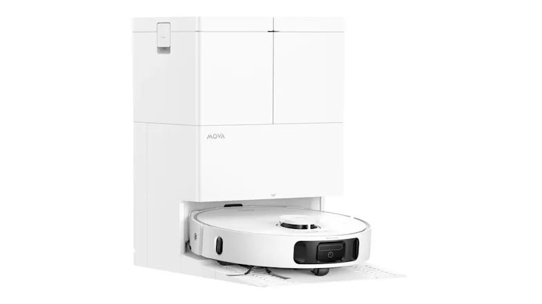 White robot vacuum docked in a self-emptying station with water tanks and a cleaning tray White robot vacuum docked in a self-emptying station with water tanks and a cleaning tray