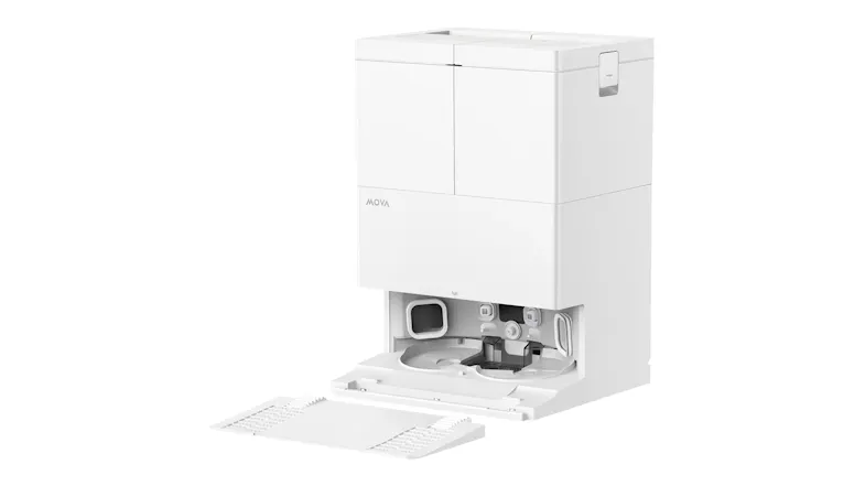 White Mova E50 Ultra robot vacuum base station with the front panel open, revealing internal cleaning and water refill components White Mova E50 Ultra robot vacuum base station with the front panel open, revealing internal cleaning and water refill components