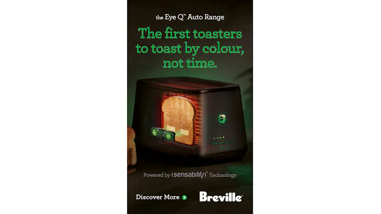 A black toaster showcasing a glowing bread slice with Breville logo A black toaster showcasing a glowing bread slice with Breville logo