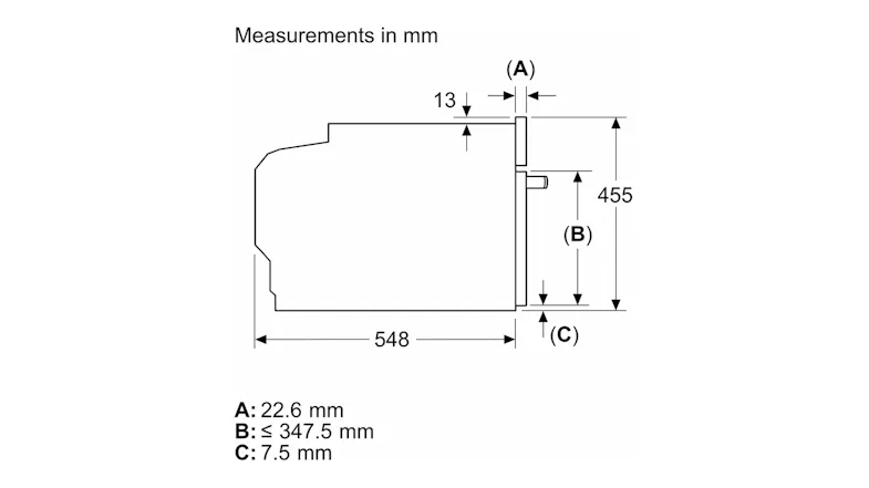 Dimension diagram showing front and side measurements of the Neff 45cm Built-In Compact Oven Dimension diagram showing front and side measurements of the Neff 45cm Built-In Compact Oven