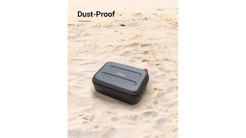 Front view of black portable case on sand with “Dust-Proof” text Front view of black portable case on sand with “Dust-Proof” text