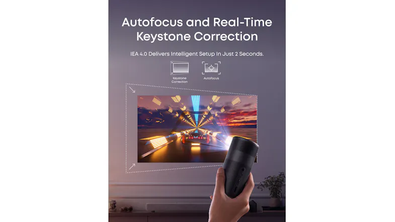 Hand holding a Nebula projector while projecting an image, demonstrating autofocus and real-time keystone correction Hand holding a Nebula projector while projecting an image, demonstrating autofocus and real-time keystone correction