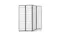 Angled view of a black four-panel folding room divider with white grid-pattern screens Angled view of a black four-panel folding room divider with white grid-pattern screens