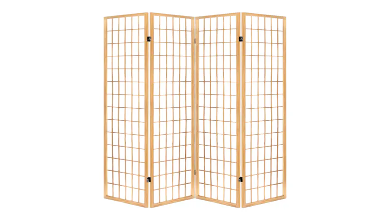 Four-panel folding room divider with a natural pine wood frame and white shoji-style panels Four-panel folding room divider with a natural pine wood frame and white shoji-style panels