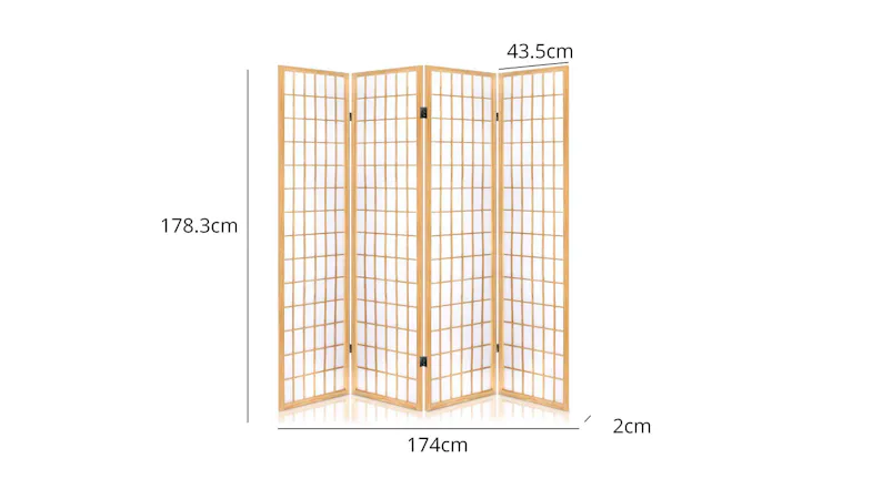 Four-panel pine wood room divider measuring 178.3 cm high, 174 cm wide, and 2 cm thick Four-panel pine wood room divider measuring 178.3 cm high, 174 cm wide, and 2 cm thick