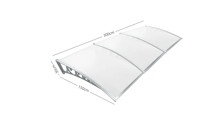 Transparent curved window awning with dimensions labelled 300 cm wide and 150 cm deep Transparent curved window awning with dimensions labelled 300 cm wide and 150 cm deep