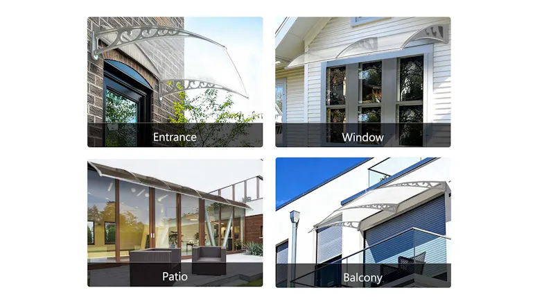 Collage showing transparent awnings installed over entrances, windows, patios, and balconies Collage showing transparent awnings installed over entrances, windows, patios, and balconies
