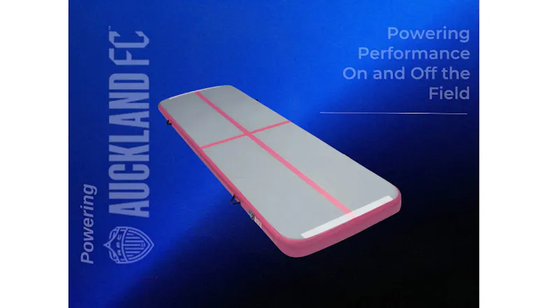 Pink and grey inflatable training mat featured in a promotional graphic with a blue background and branding text Pink and grey inflatable training mat featured in a promotional graphic with a blue background and branding text
