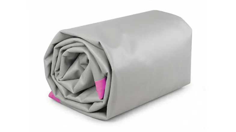 Folded grey and pink inflatable air track mat rolled up for compact storage and transport Folded grey and pink inflatable air track mat rolled up for compact storage and transport
