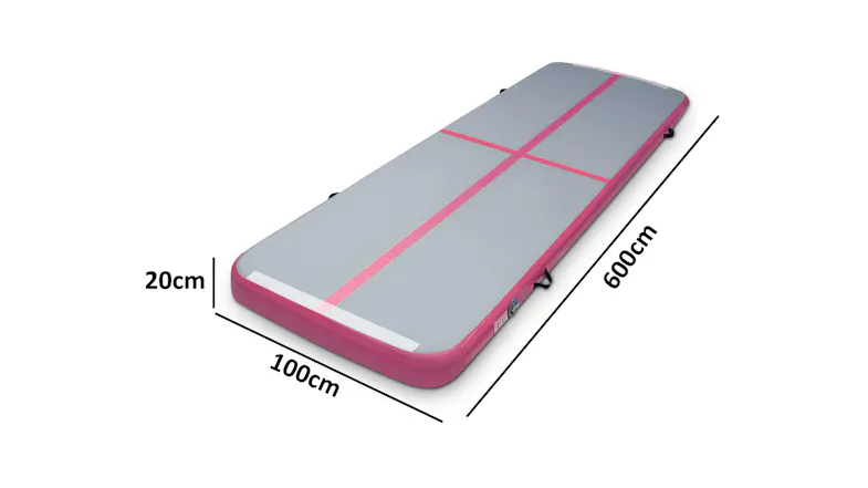 Inflatable gymnastics air track measuring 600 × 100 × 20 cm, with a grey surface and pink sides Inflatable gymnastics air track measuring 600 × 100 × 20 cm, with a grey surface and pink sides