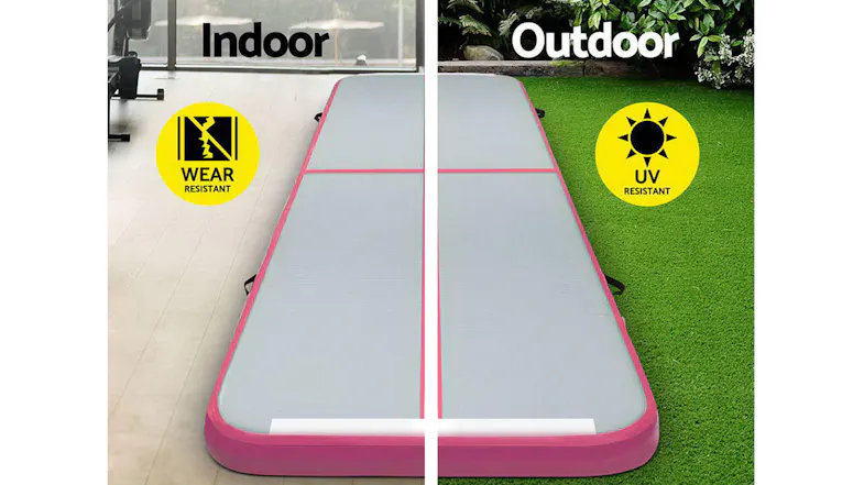 Grey and pink TSB inflatable air track shown for indoor and outdoor use, with wear-resistant and UV-resistant features Grey and pink TSB inflatable air track shown for indoor and outdoor use, with wear-resistant and UV-resistant features