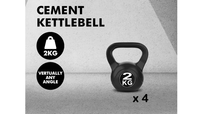 Black 2 kg PROTRAIN cement kettlebell on a grey background with product features and pack quantity of four Black 2 kg PROTRAIN cement kettlebell on a grey background with product features and pack quantity of four