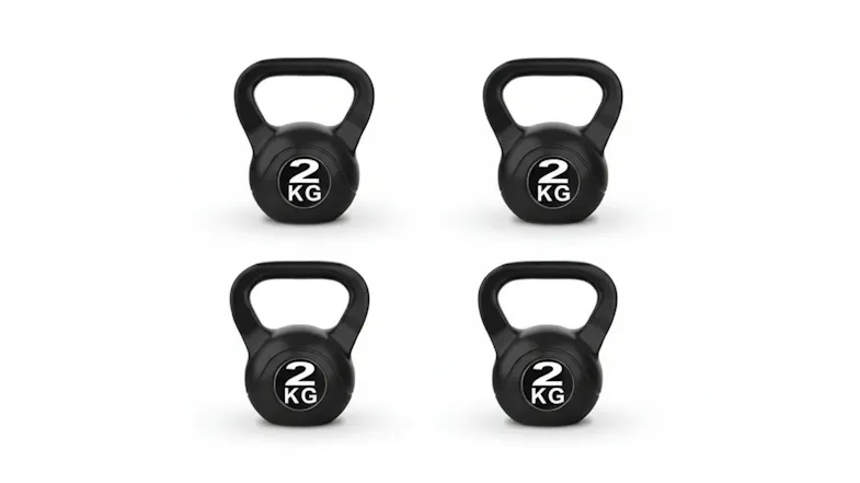Set of four black 2 kg kettlebells arranged in a grid Set of four black 2 kg kettlebells arranged in a grid