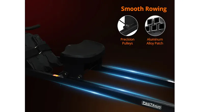 Close-up of the rowing machine slide rail highlighting precision pulleys and aluminium alloy frame for smooth gliding Close-up of the rowing machine slide rail highlighting precision pulleys and aluminium alloy frame for smooth gliding