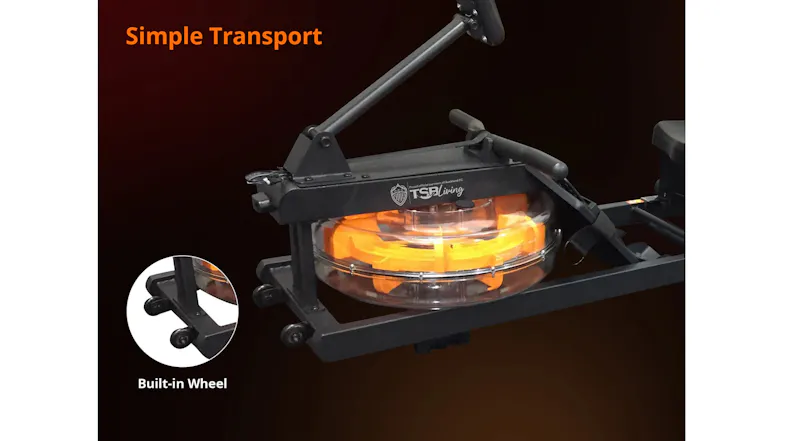 Front frame of a black water rower showing the orange tank, titled Simple Transport with a inset inset of built-in wheels Front frame of a black water rower showing the orange tank, titled Simple Transport with a inset inset of built-in wheels
