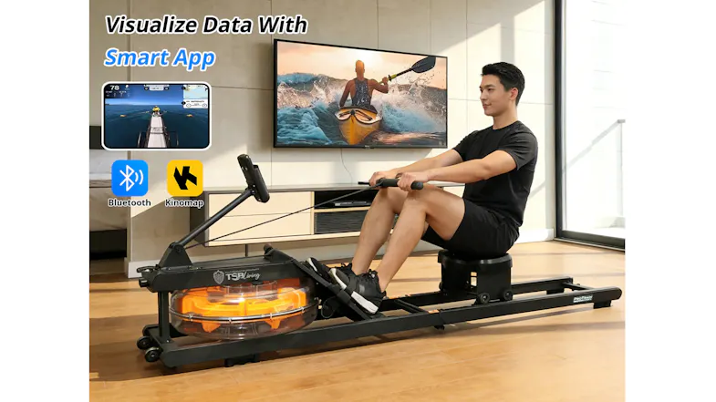 A man using a water rower at home while connected via Bluetooth to the Kinomap smart app displayed on a nearby smartphone A man using a water rower at home while connected via Bluetooth to the Kinomap smart app displayed on a nearby smartphone