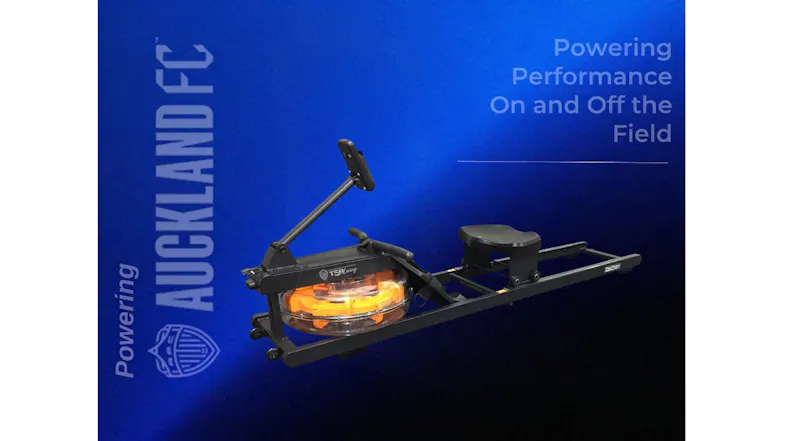 Black water rower displayed against a dark blue gradient background featuring Auckland FC branding and sports tagline Black water rower displayed against a dark blue gradient background featuring Auckland FC branding and sports tagline