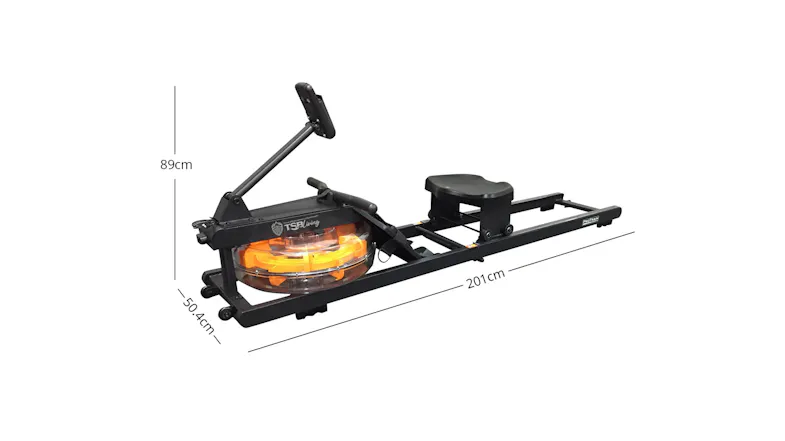 A rowing machine with dimension callouts showing 201 cm length, 50.4 cm width, and 89 cm total height in centimetres A rowing machine with dimension callouts showing 201 cm length, 50.4 cm width, and 89 cm total height in centimetres