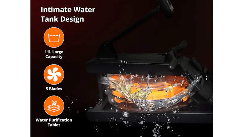 Water tank diagram highlighting an 11-litre capacity, 5-blade flywheel design, and included water purification tablet Water tank diagram highlighting an 11-litre capacity, 5-blade flywheel design, and included water purification tablet