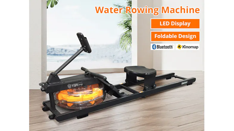 Water rower with key features highlighted: LED display, foldable design, Bluetooth connectivity, and Kinomap app compatibility Water rower with key features highlighted: LED display, foldable design, Bluetooth connectivity, and Kinomap app compatibility
