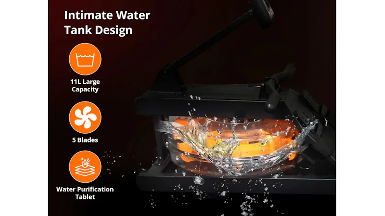 Close-up graphic of the clear water tank showcasing water splashing around the internal orange 5-blade flywheel system Close-up graphic of the clear water tank showcasing water splashing around the internal orange 5-blade flywheel system