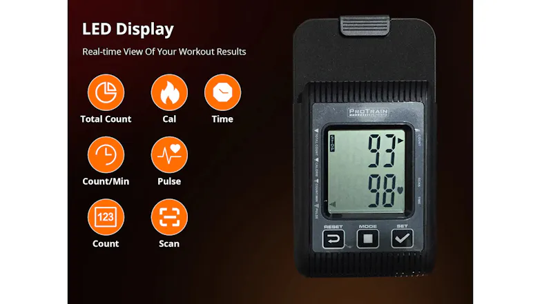 Digital LED display console showing metric tracking options like total count, calories burned, pulse rate, and time Digital LED display console showing metric tracking options like total count, calories burned, pulse rate, and time