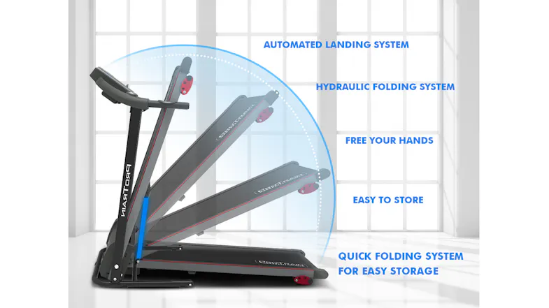 A treadmill showing stages of the hydraulic folding system with labels indicating automated landing, hands-free use, and easy storage A treadmill showing stages of the hydraulic folding system with labels indicating automated landing, hands-free use, and easy storage