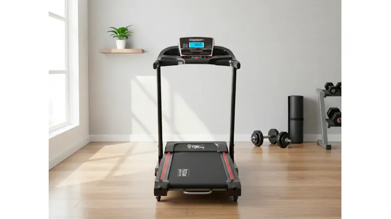 Space-saving treadmill in a home gym with dumbbells, perfect for daily walking and cardio workouts Space-saving treadmill in a home gym with dumbbells, perfect for daily walking and cardio workouts