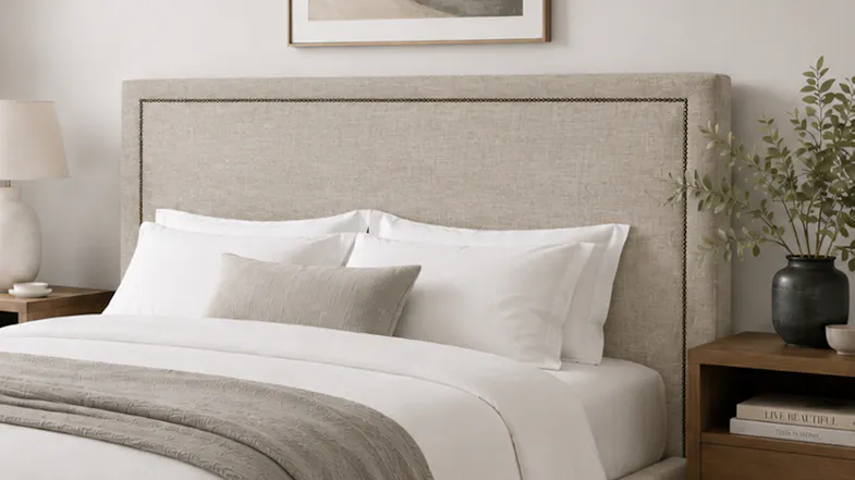 Statesman King Single Upholstered Headboard in a light beige fabric finish, featuring a rectangular silhouette Statesman King Single Upholstered Headboard in a light beige fabric finish, featuring a rectangular silhouette
