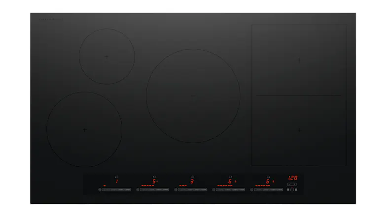 Product-only view of the Fisher & Paykel Series 7 90cm induction cooktop. Five cooking zones are visible Product-only view of the Fisher & Paykel Series 7 90cm induction cooktop. Five cooking zones are visible