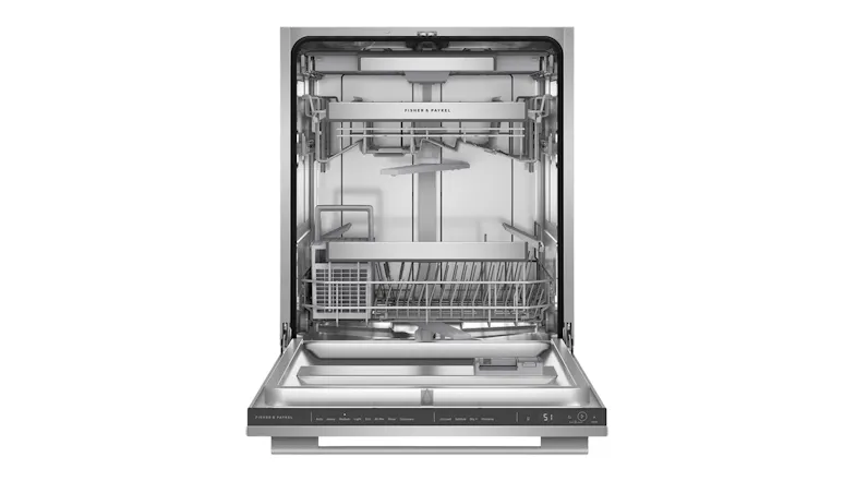 Front-facing view of the Fisher & Paykel dishwasher with the door open Front-facing view of the Fisher & Paykel dishwasher with the door open