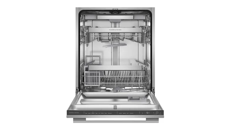 Fisher & Paykel Series 9 dishwasher with the door open, revealing a spacious interior with multiple racks Fisher & Paykel Series 9 dishwasher with the door open, revealing a spacious interior with multiple racks