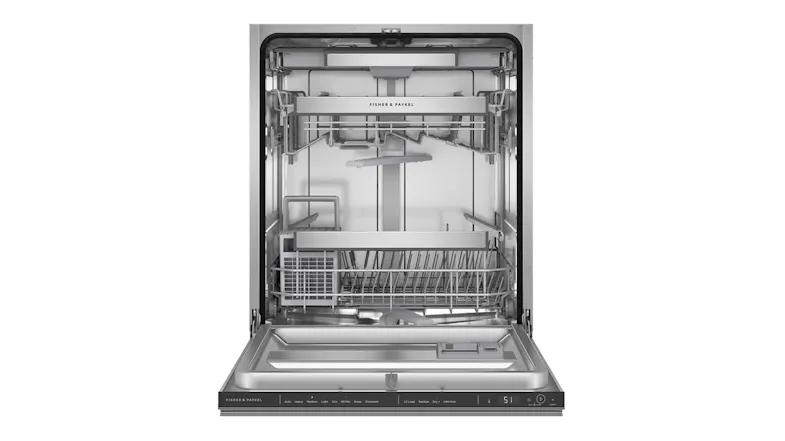 Front-facing view of the Fisher & Paykel dishwasher with the door open Front-facing view of the Fisher & Paykel dishwasher with the door open