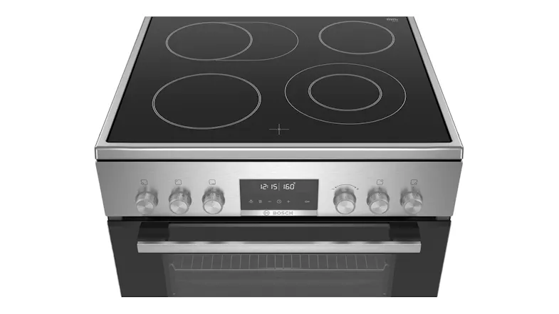 Top front view of a Bosch cooker showing four glass cooktop zones Top front view of a Bosch cooker showing four glass cooktop zones